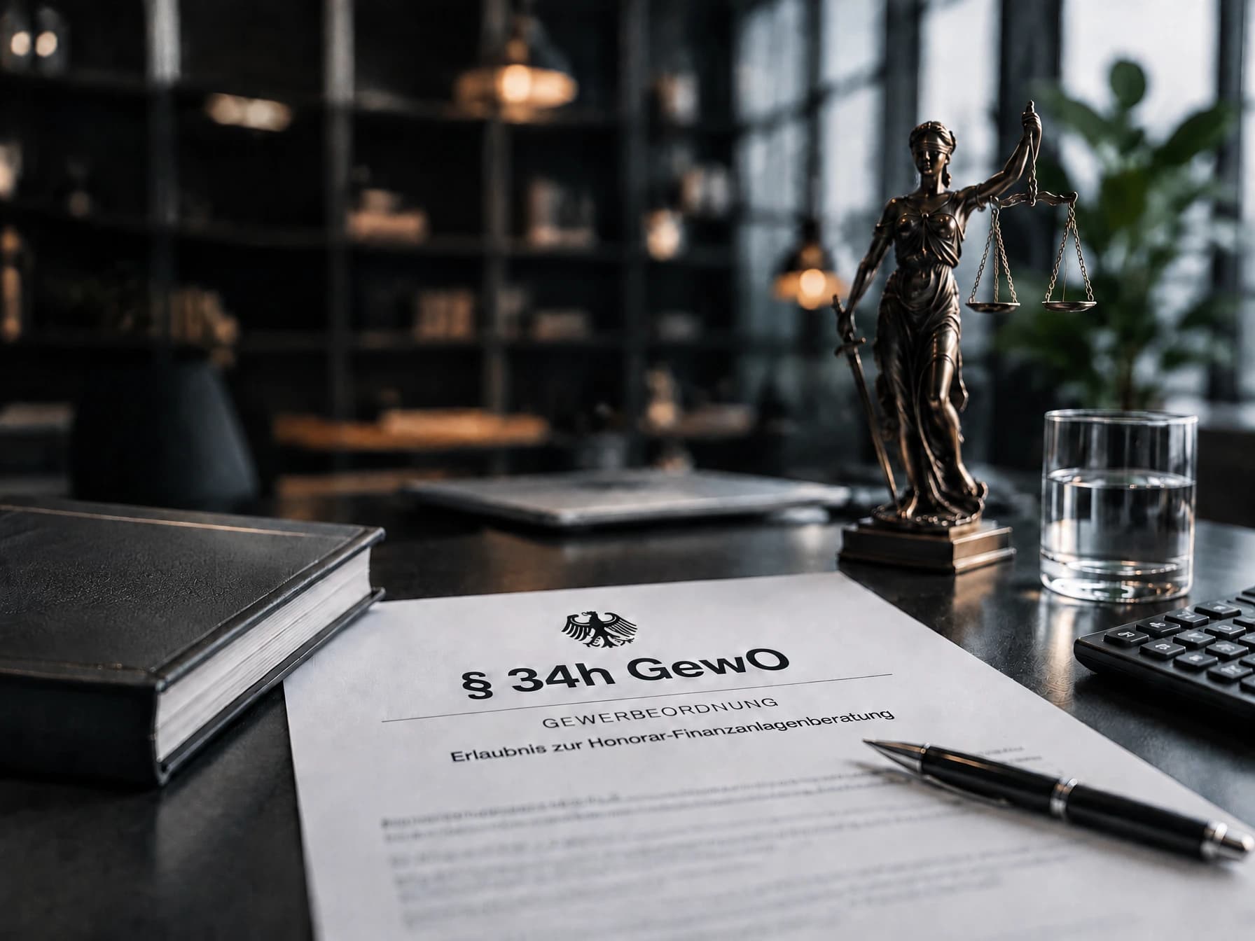 Dokument § 34h GewO mit Justitia-Statue auf dem Schreibtisch