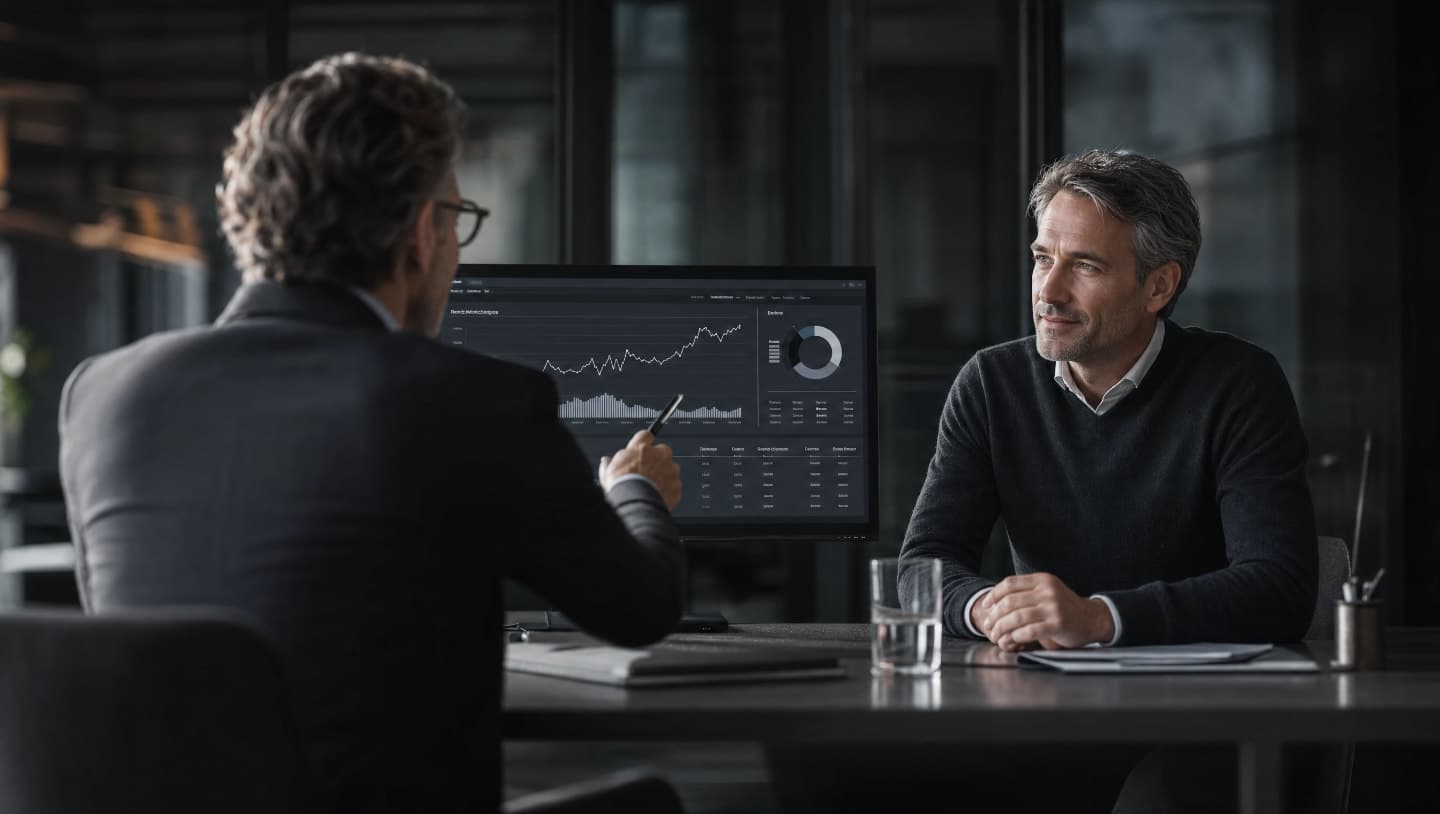 Berater bespricht mit einem Kunden eine Depotauswertung mit Charts auf dem Monitor